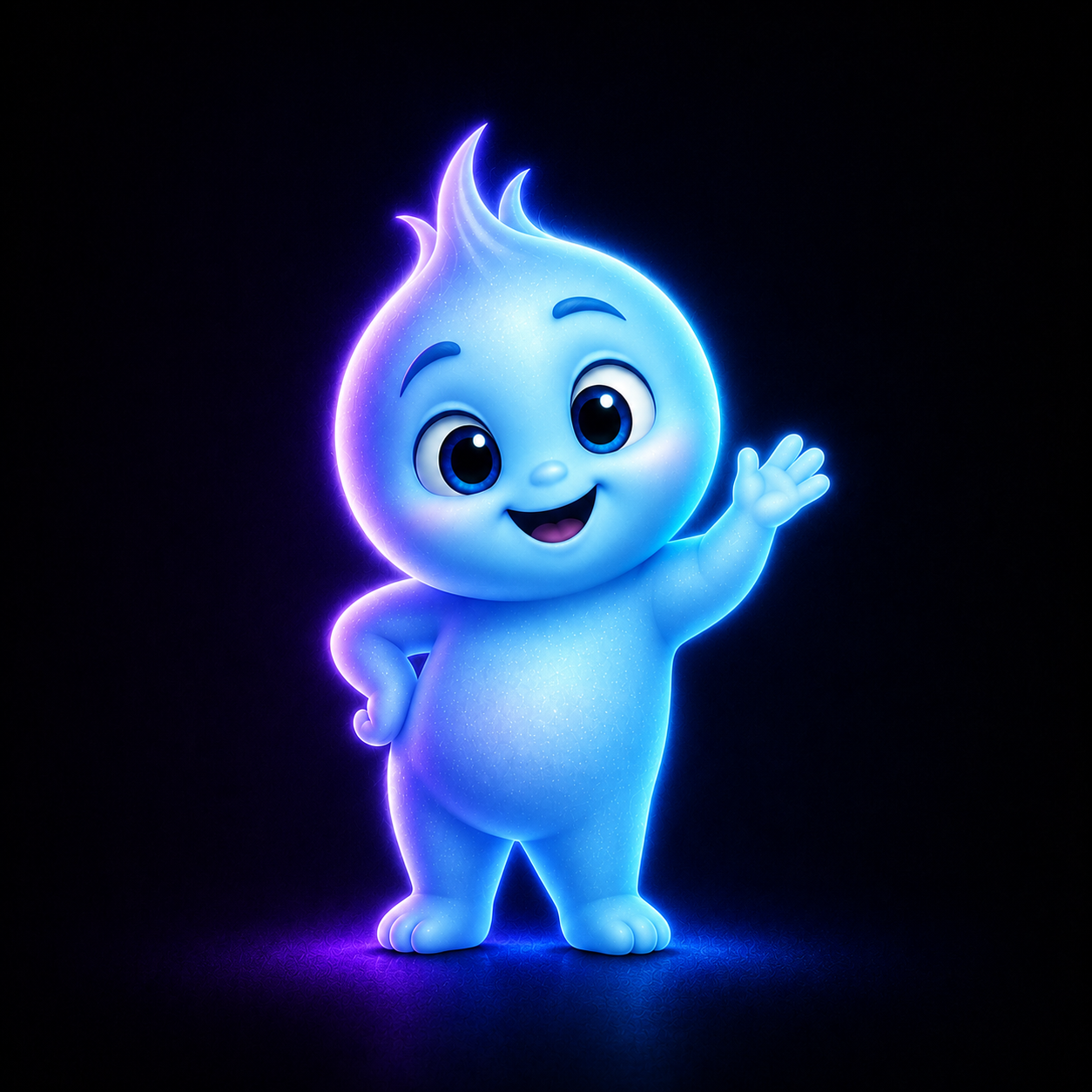 LOOM, the glowing blue character, waving